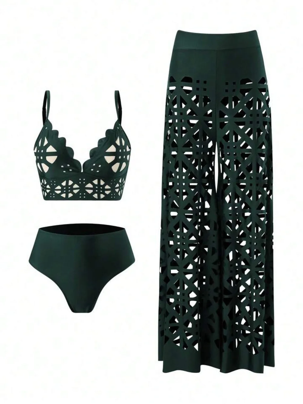 Women’s Dark Green Laser-Cut Wide Leg 3 pc Swimsuit / Coverup